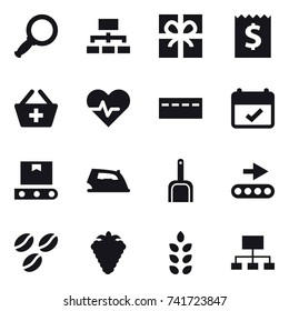16 vector icon set : magnifier, hierarchy, gift, receipt, add to basket, bunker, iron, scoop, coffee seeds, berry, spikelets