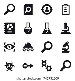 16 vector icon set : magnifier, search document, target audience, clipboard, annual report, round flask, flask, microscope, eye identity, lunar rover