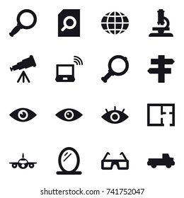 16 vector icon set : magnifier, search document, globe, microscope, telescope, notebook wireless, singlepost, plan, mirror, pickup