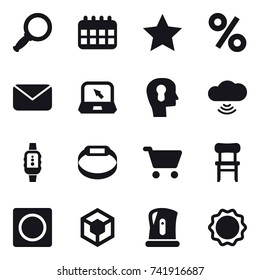 16 vector icon set : magnifier, calendar, star, percent, mail, notebook, bulb head, cloud wireless, smartwatch, smart bracelet, cart, chair, ring button, kettle