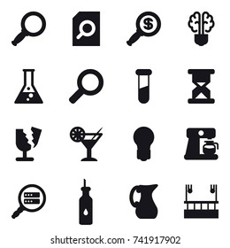 16 vector icon set : magnifier, search document, dollar magnifier, bulb brain, flask, cocktail, bulb, coffee maker, jug, skyscapers cleaning