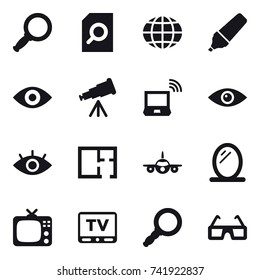 16 vector icon set : magnifier, search document, globe, marker, eye, telescope, notebook wireless, plan, mirror, tv