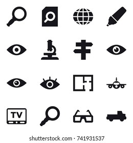 16 vector icon set : magnifier, search document, globe, marker, eye, microscope, singlepost, plan, tv, pickup