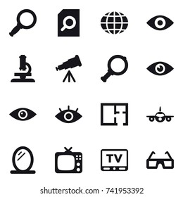 16 vector icon set : magnifier, search document, globe, eye, microscope, telescope, plan, mirror, tv