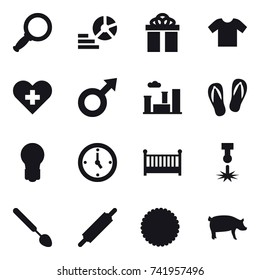 16 vector icon set : magnifier, diagram, gift, t-shirt, city, flip-flops, bulb, watch, crib, big spoon, rolling pin, pig