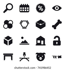 16 vector icon set : magnifier, calendar, percent, eye, atom core, hex molecule, box, 3d, landscape, home, unlocked, table, pig, drying clothe
