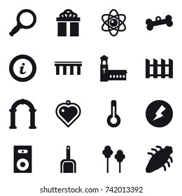 16 vector icon set : magnifier, gift, atom, bone, info, bridge, church, fence, arch, heart pendant, thermometer, electricity, speaker, scoop, trees, bug
