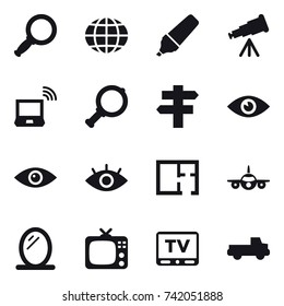 16 vector icon set : magnifier, globe, marker, telescope, notebook wireless, singlepost, plan, mirror, tv, pickup