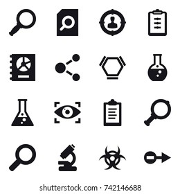16 vector icon set : magnifier, search document, target audience, clipboard, annual report, molecule, hex molecule, round flask, flask, eye identity