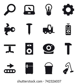 16 vector icon set : magnifier, notebook, bulb, gear, satellite, nail, remote control, table, speaker, bucket, vacuum cleaner