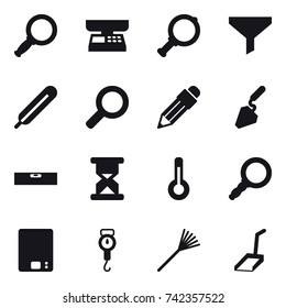 16 vector icon set : magnifier, market scales, funnel, pencil, construction, level, thermometer, kitchen scales, handle scales, rake, scoop