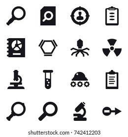 16 vector icon set : magnifier, search document, target audience, clipboard, annual report, hex molecule, virus, nuclear, microscope, vial, lunar rover