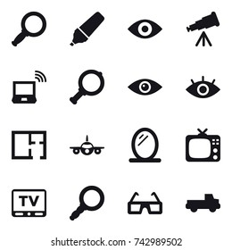 16 vector icon set : magnifier, marker, eye, telescope, notebook wireless, plan, mirror, tv, pickup