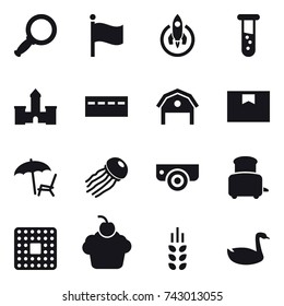16 vector icon set : magnifier, flag, rocket, vial, castle, bunker, barn, lounger, jellyfish, surveillance camera, toaster, spikelets, goose