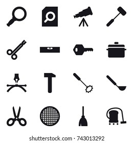 16 vector icon set : magnifier, search document, telescope, level, key, pan, whisk, ladle, scissors, broom, vacuum cleaner