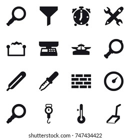 16 vector icon set : magnifier, funnel, alarm clock, pencil wrench, electrostatic, market scales, scales, brick wall, barometer, handle scales, thermometer, scoop