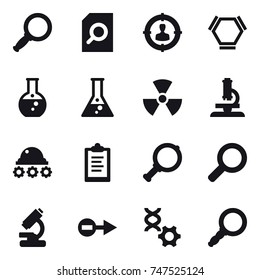 16 vector icon set : magnifier, search document, target audience, hex molecule, round flask, flask, nuclear, microscope, lunar rover, clipboard