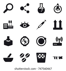 16 vector icon set : magnifier, molecule, round flask, rocket, store, compass, mortar, coffee seeds, trash bin, drying clothe