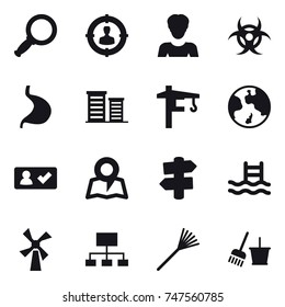 16 vector icon set : magnifier, target audience, woman, district, tower crane, earth, check in, map, signpost, pool, windmill, hierarchy, rake, bucket and broom