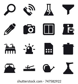 16 vector icon set : magnifier, call, flask, funnel, pencil, camera, power switch, coffee maker, pan, kettle, soil cutter, watering can, plunger