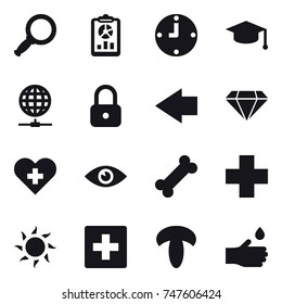 16 vector icon set : magnifier, report, clock, graduate hat, globe connect, lock, left arrow, diamond, sun, first aid, hand drop