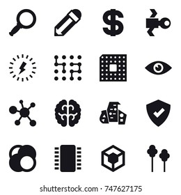 16 vector icon set : magnifier, pencil, dollar, satellite, lightning, chip, cpu, modern architecture, trees