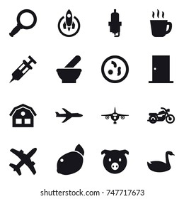 16 vector icon set : magnifier, rocket, spark plug, hot drink, door, house, plane, motorcycle, pig, goose