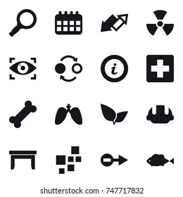 16 vector icon set : magnifier, calendar, up down arrow, nuclear, eye identity, quantum bond, info, building helmet, table