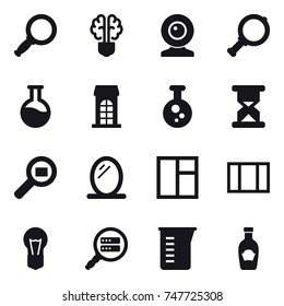 16 vector icon set : magnifier, bulb brain, web cam, building, mirror, window, measuring cup