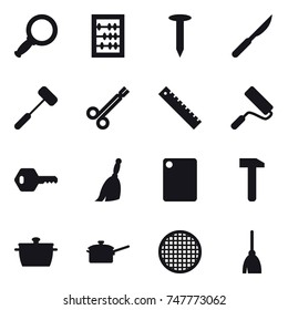 16 vector icon set : magnifier, abacus, nail, ruler, repair, key, broom, cutting board, pan, saute pan