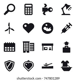 16 vector icon set : magnifier, calculator, satellite, table lamp, windmill, heart, houses, gas station, baggage, shield, heart pendant, soil cutter, handle washing