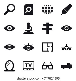 16 vector icon set : magnifier, search document, globe, marker, eye, microscope, singlepost, plan, mirror, tv, pickup