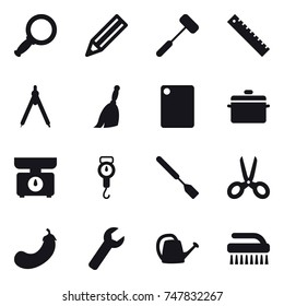 16 vector icon set : magnifier, pencil, ruler, drawing compass, broom, cutting board, pan, kitchen scales, handle scales, spatula, scissors, eggplant, wrench, watering can, brush