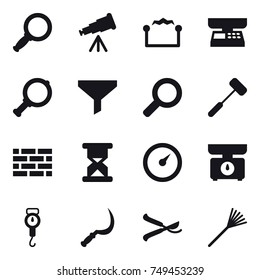 16 vector icon set : magnifier, telescope, electrostatic, market scales, funnel, brick wall, barometer, kitchen scales, handle scales, sickle, pruner, rake