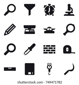 16 vector icon set : magnifier, funnel, alarm clock, microscope, pencil, market scales, scales, brick wall, measuring tape, level, kitchen scales, handle scales, sickle