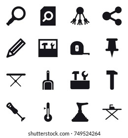 16 vector icon set : magnifier, search document, share, pencil, tools, measuring tape, iron board, scoop, repair tools, thermometer, plunger