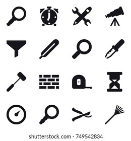 16 vector icon set : magnifier, alarm clock, pencil wrench, telescope, funnel, brick wall, measuring tape, barometer, pruner, rake
