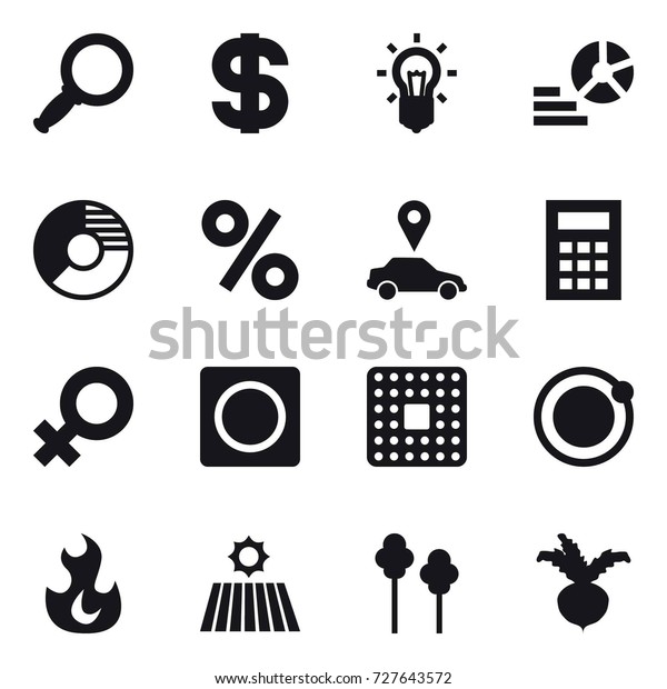 16 vector icon set : magnifier, dollar, bulb,\
diagram, circle diagram, percent, car pointer, calculator, ring\
button, field, trees, beet