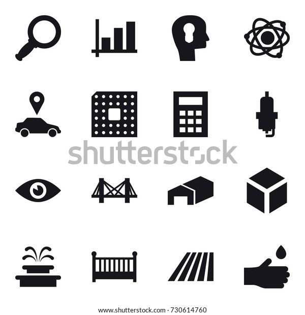 16 vector icon set : magnifier, graph,\
bulb head, atom, car pointer, cpu, calculator, spark plug, bridge,\
warehouse, 3d, fountain, crib, field, hand\
drop