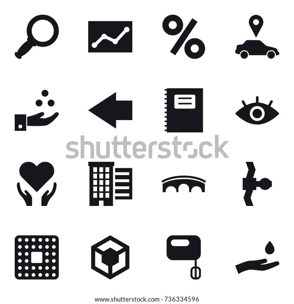 16 vector icon set : magnifier, statistic, percent,\
car pointer, chamical industry, left arrow, copybook, houses,\
bridge, hand and drop