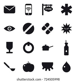 16 vector icon set : mail, phone wireless, store signboard, saute pan, ladle, udder, drop