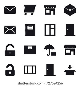 16 vector icon set : mail, delivery, shop, box, copybook, window, door, unlock, unlocked, package