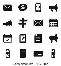 16 vector icon set : mail, money message, phone wireless, megafon, loudspeaker, singlepost, do not distrub, fridge