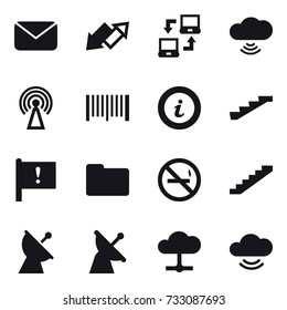 16 vector icon set : mail, up down arrow, notebook connect, cloud wireless, antenna, barcode, info, stairs, no smoking, satellite antenna