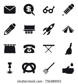 16 vector icon set : mail, dollar arrow, pencil, tent, curtain, phone, iron board, broom, fork, hand drop