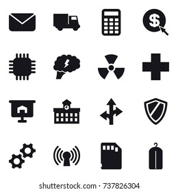 16 vector icon set : mail, truck, calculator, dollar arrow, chip, brain, nuclear, presentation, university, shield, dry wash