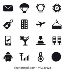 16 vector icon set : mail, parachute, hex molecule, sun power, mobile checking, cocktail