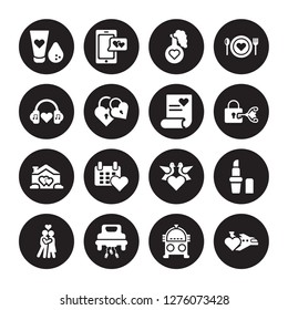 16 vector icon set : Makeup, Jukebox, Just married, Kiss, Lipstick, Honeymoon, love Music, House, Love letter isolated on black background