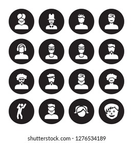 16 vector icon set : Man face with turban and beard, Little girl face, Male User Manager Dancing, curly hair moustache isolated on black background