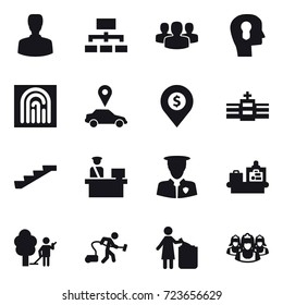 16 vector icon set : man, hierarchy, group, bulb head, fingerprint, car pointer, dollar pin, stairs, baggage checking, garden cleaning, vacuum cleaner, garbage bin, outsource